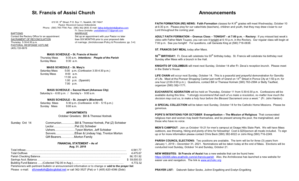 St. Francis of Assisi Church Announcements