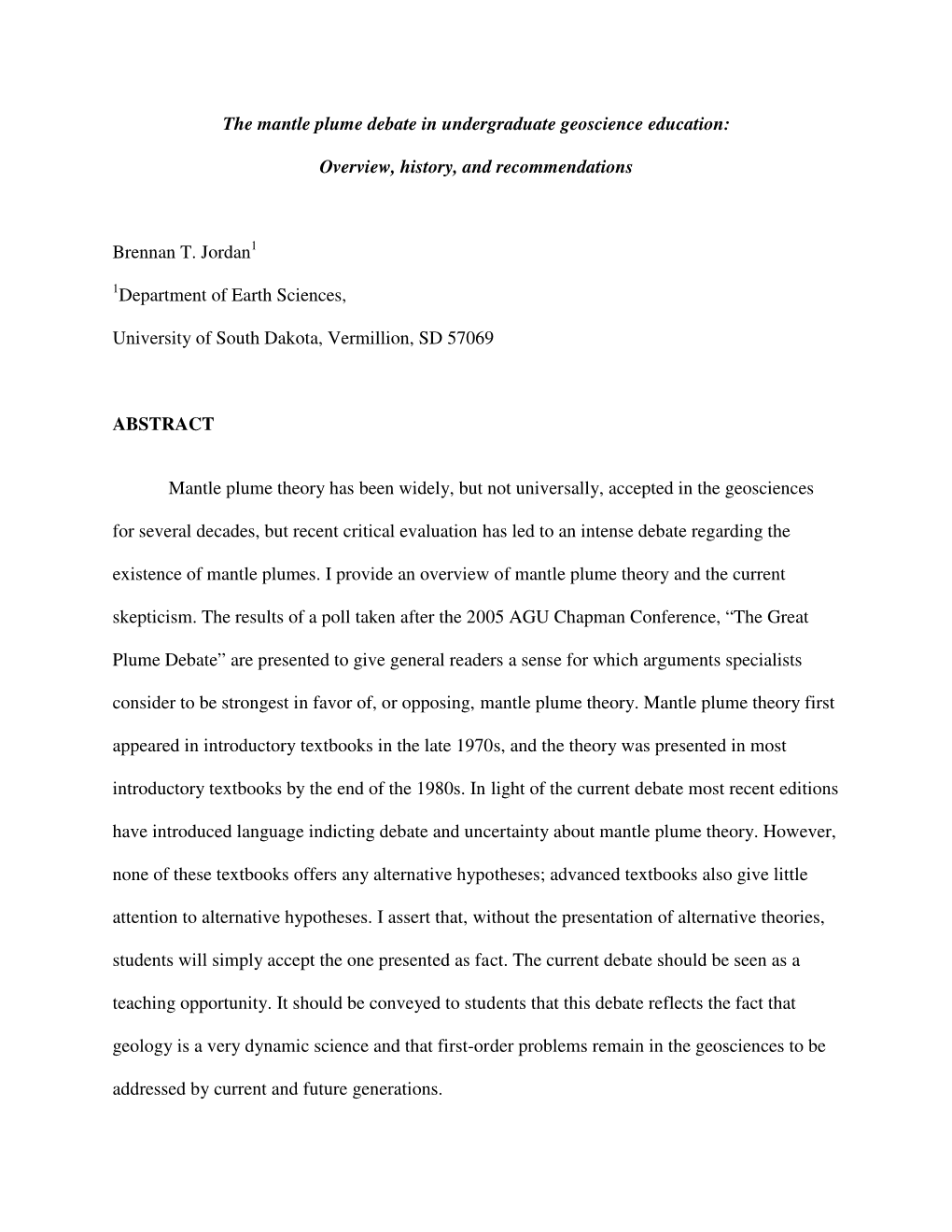 The Mantle Plume Debate in Undergraduate Geoscience Education