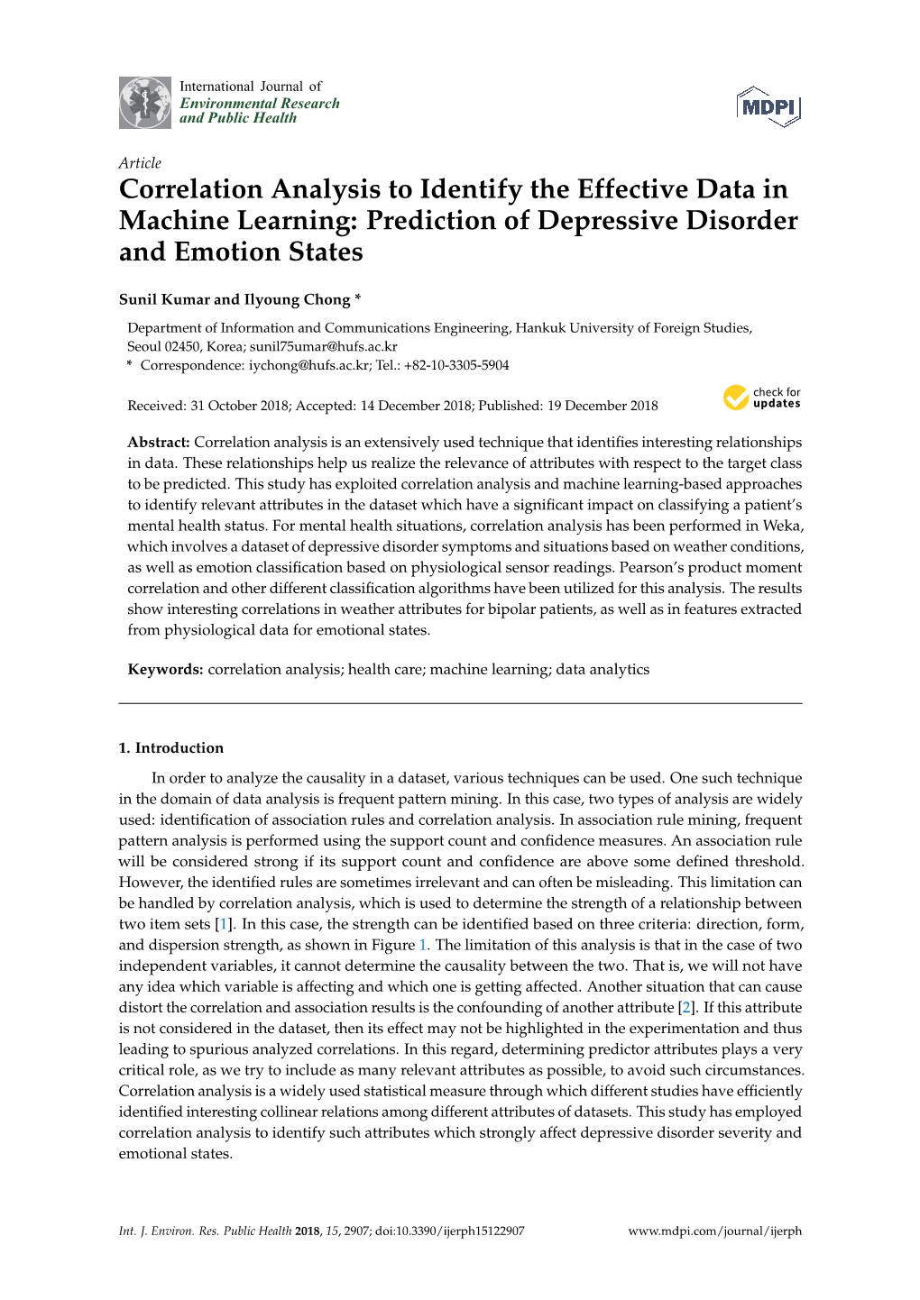 Correlation Analysis to Identify the Effective Data in Machine Learning: Prediction of Depressive Disorder and Emotion States