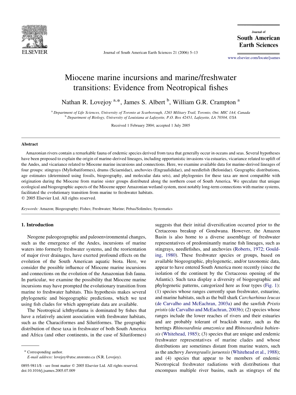 Miocene Marine Incursions and Marine/Freshwater Transitions: Evidence from Neotropical ﬁshes