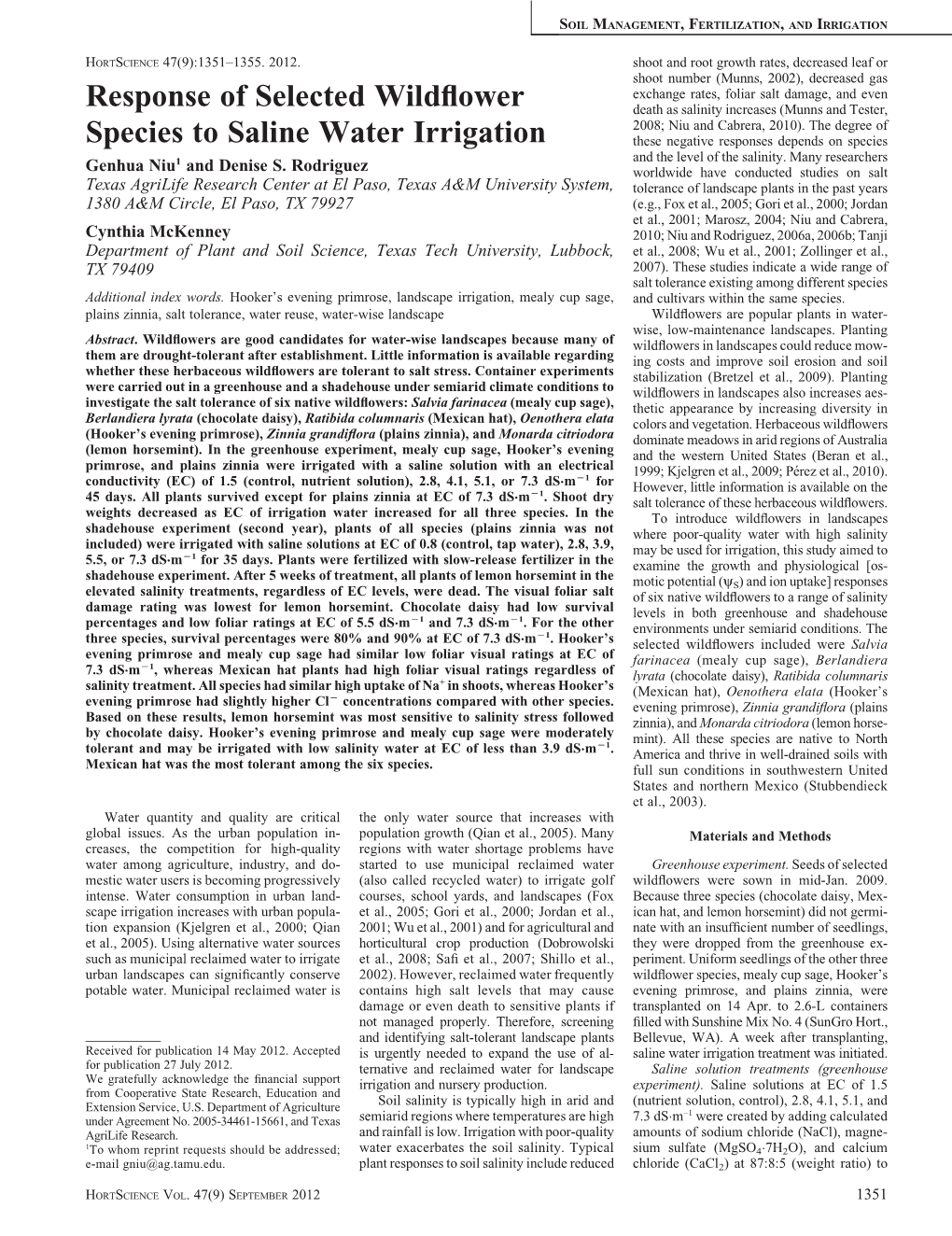 Response of Selected Wildflower Species to Saline Water Irrigation