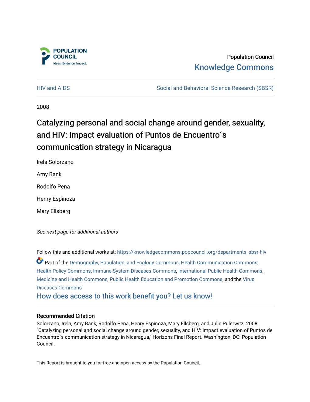 Catalyzing Personal and Social Change Around Gender, Sexuality, and HIV: Impact Evaluation of Puntos De Encuentro´S Communication Strategy in Nicaragua