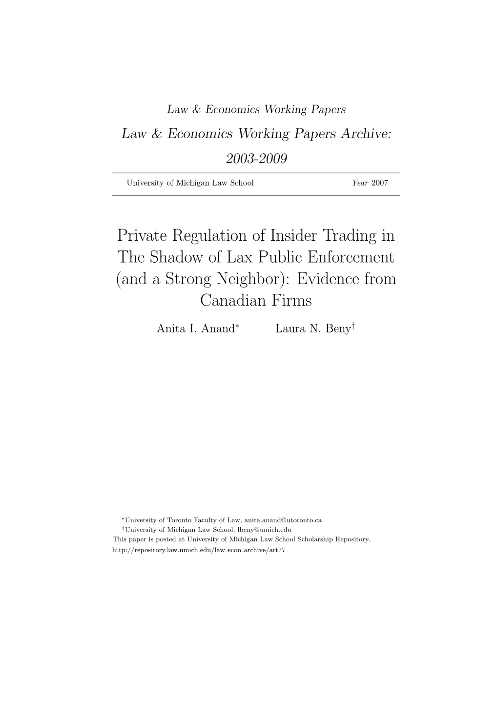 Private Regulation of Insider Trading in the Shadow of Lax Public Enforcement (And a Strong Neighbor): Evidence from Canadian Firms