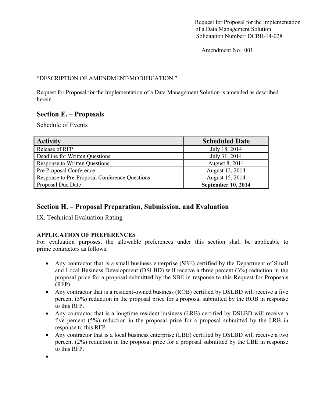 Data Management RFP DCRB-14-028 Amendment No. 1