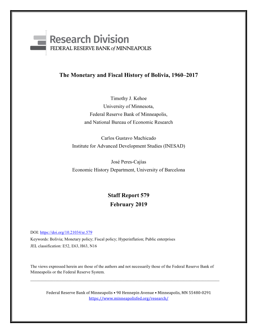 The Monetary and Fiscal History of Bolivia, 1960-2017