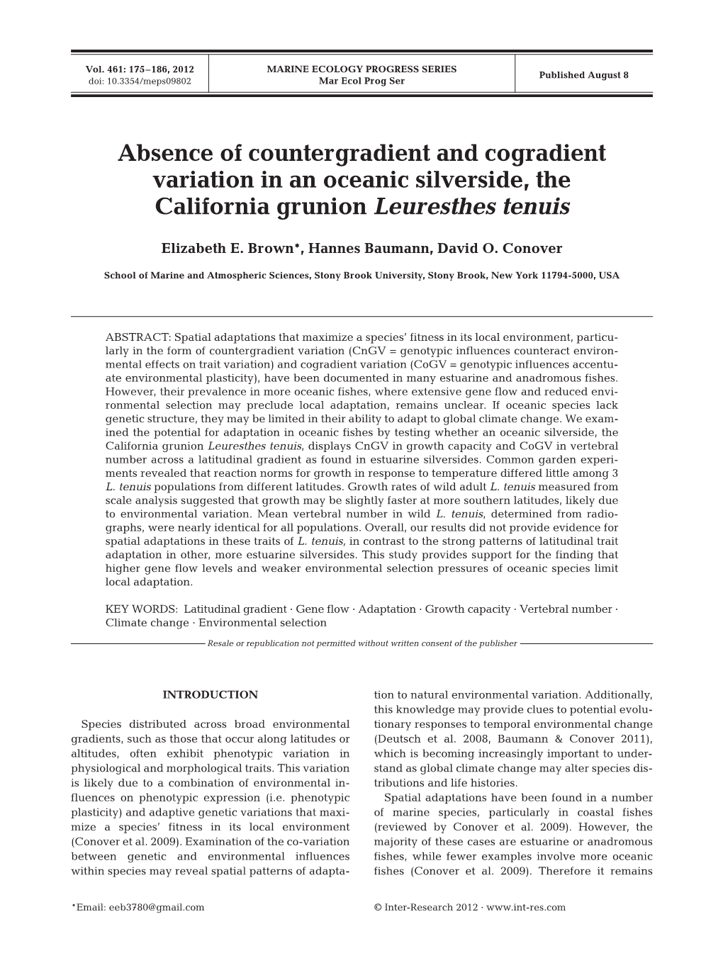 Absence of Countergradient and Cogradient Variation in an Oceanic Silverside, the California Grunion Leuresthes Tenuis