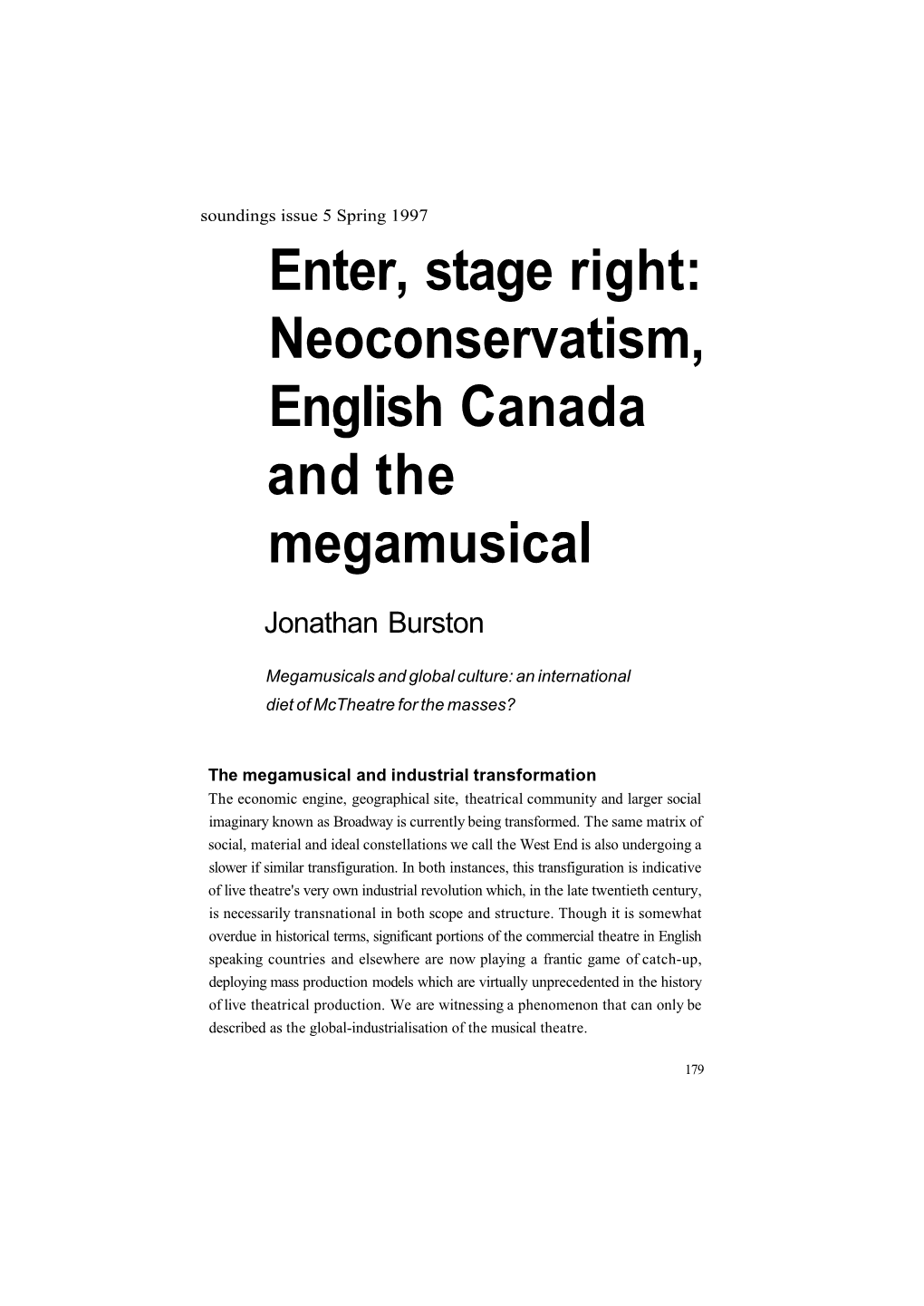 Enter, Stage Right: Neoconservatism, English Canada and the Megamusical