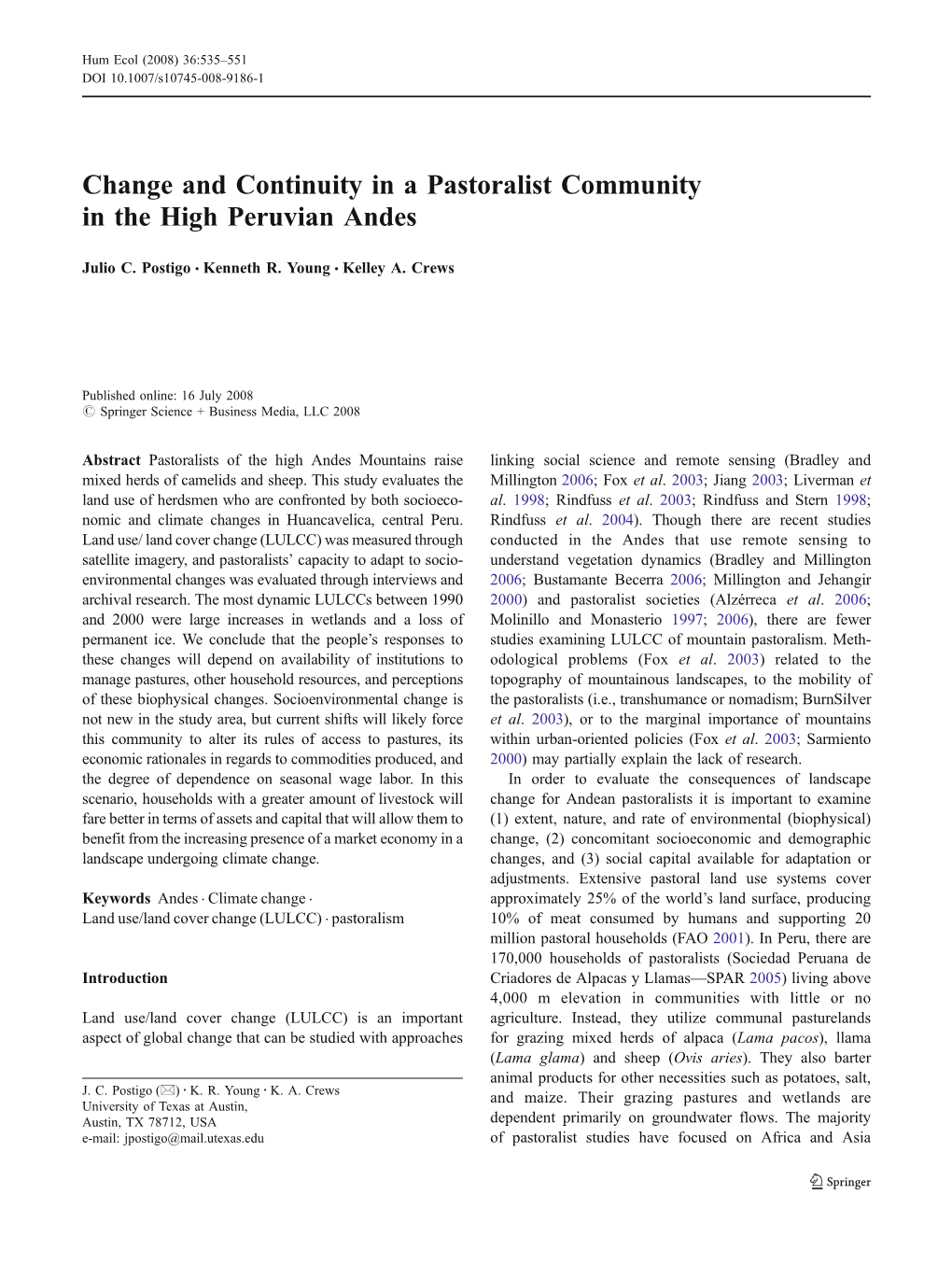 Change and Continuity in a Pastoralist Community in the High Peruvian Andes