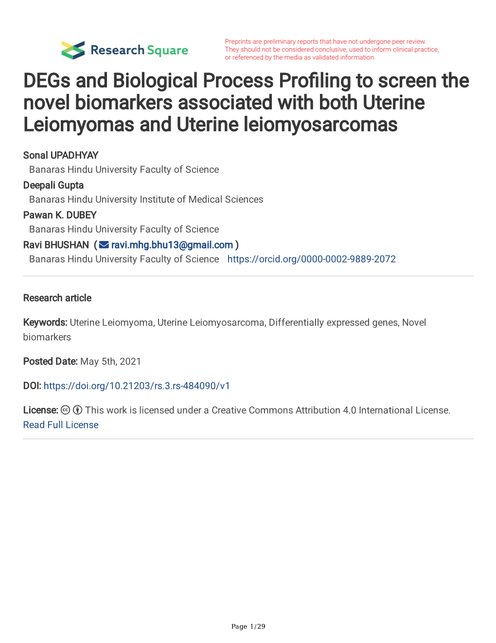 Degs and Biological Process Pro Ling to Screen the Novel Biomarkers