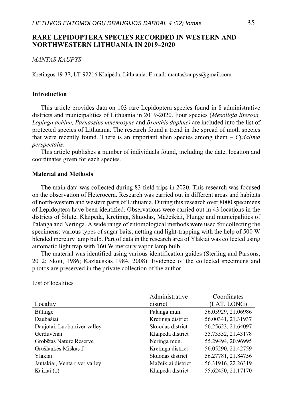 Rare Lepidoptera Species Recorded in Western and Northwestern Lithuania in 2019–2020