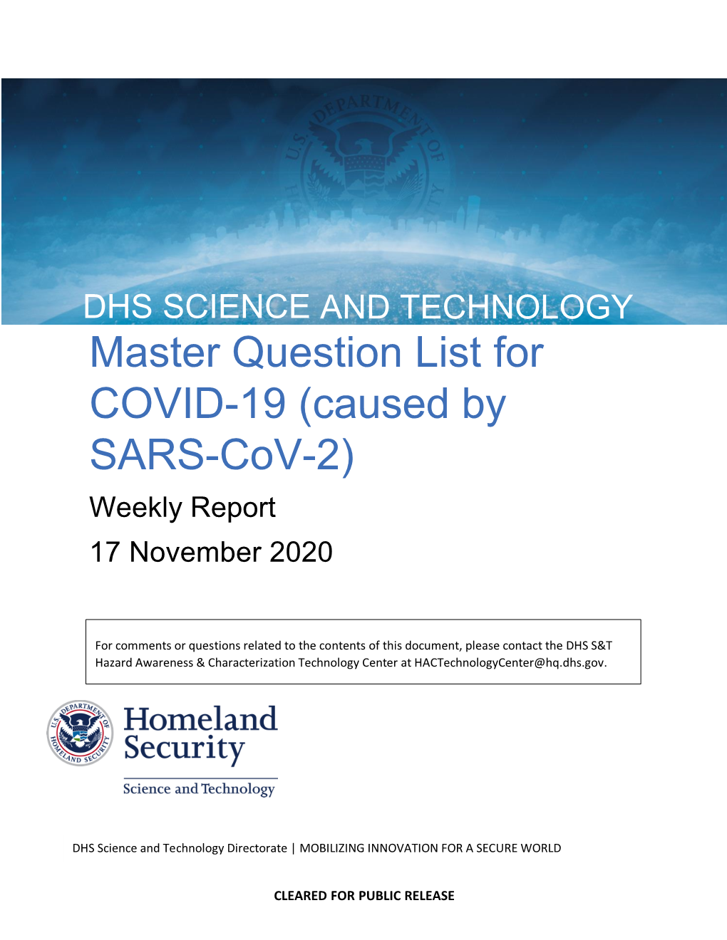 Master Question List for COVID-19 (Caused by SARS-Cov-2) Weekly Report 17 November 2020