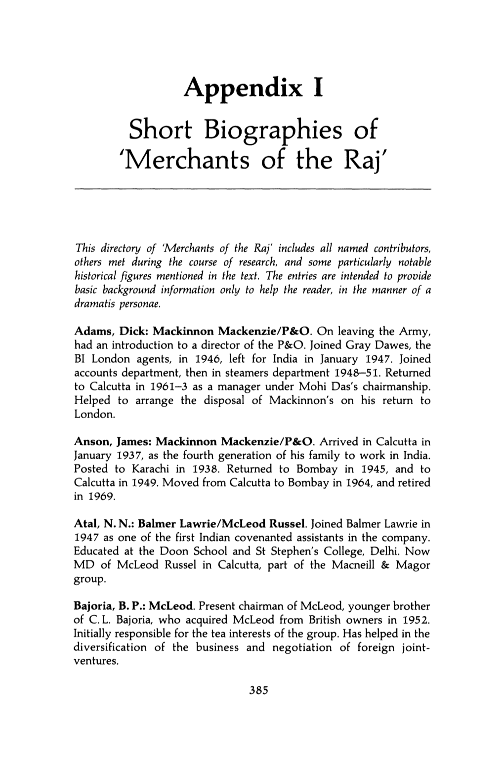 Appendix I Short Biographies of 'Merchants of the Raj'