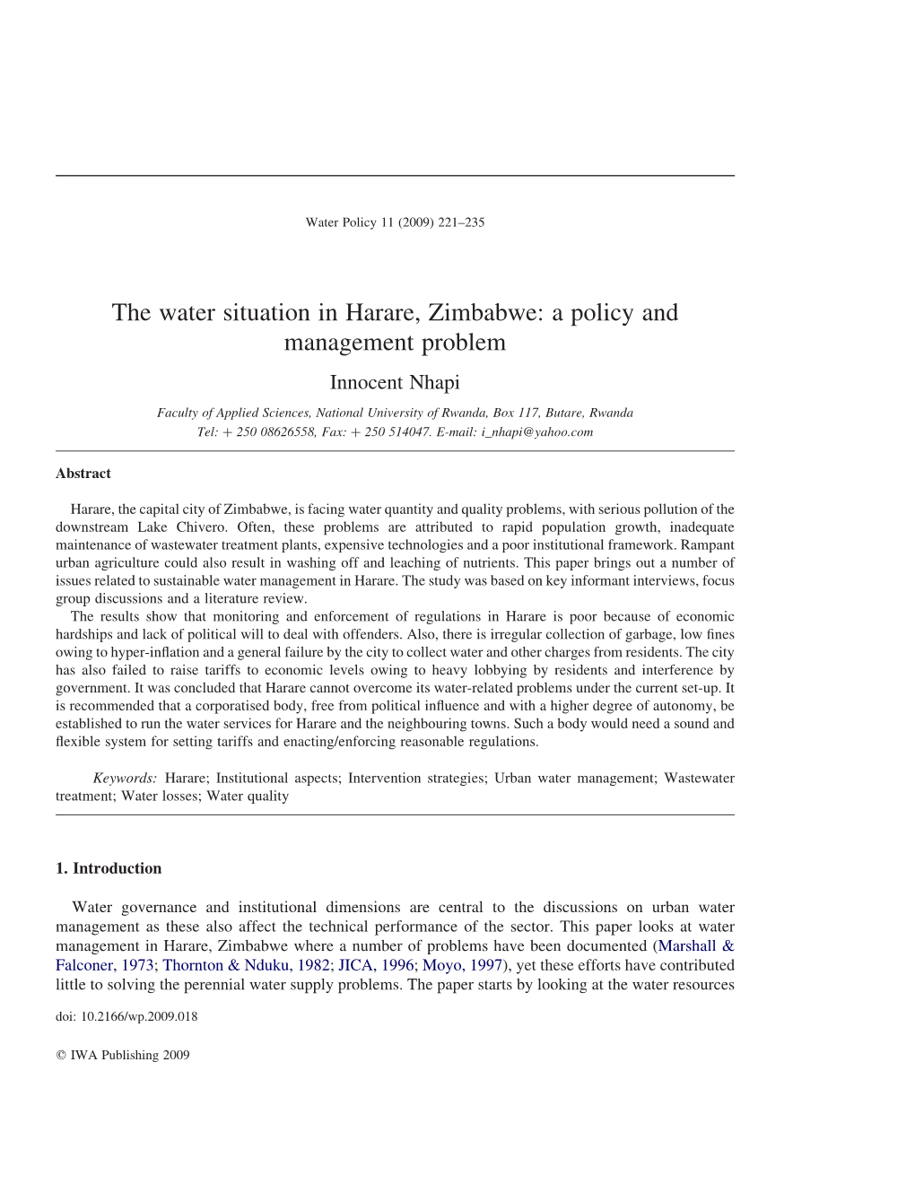 The Water Situation in Harare, Zimbabwe: a Policy And