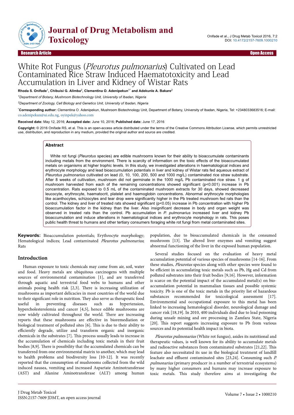 (Pleurotus Pulmonarius) Cultivated on Lead Contaminated Rice Straw Induced Haematotoxicity and Lead Accumulation in Liver and Kidney of Wistar Rats Rhoda S