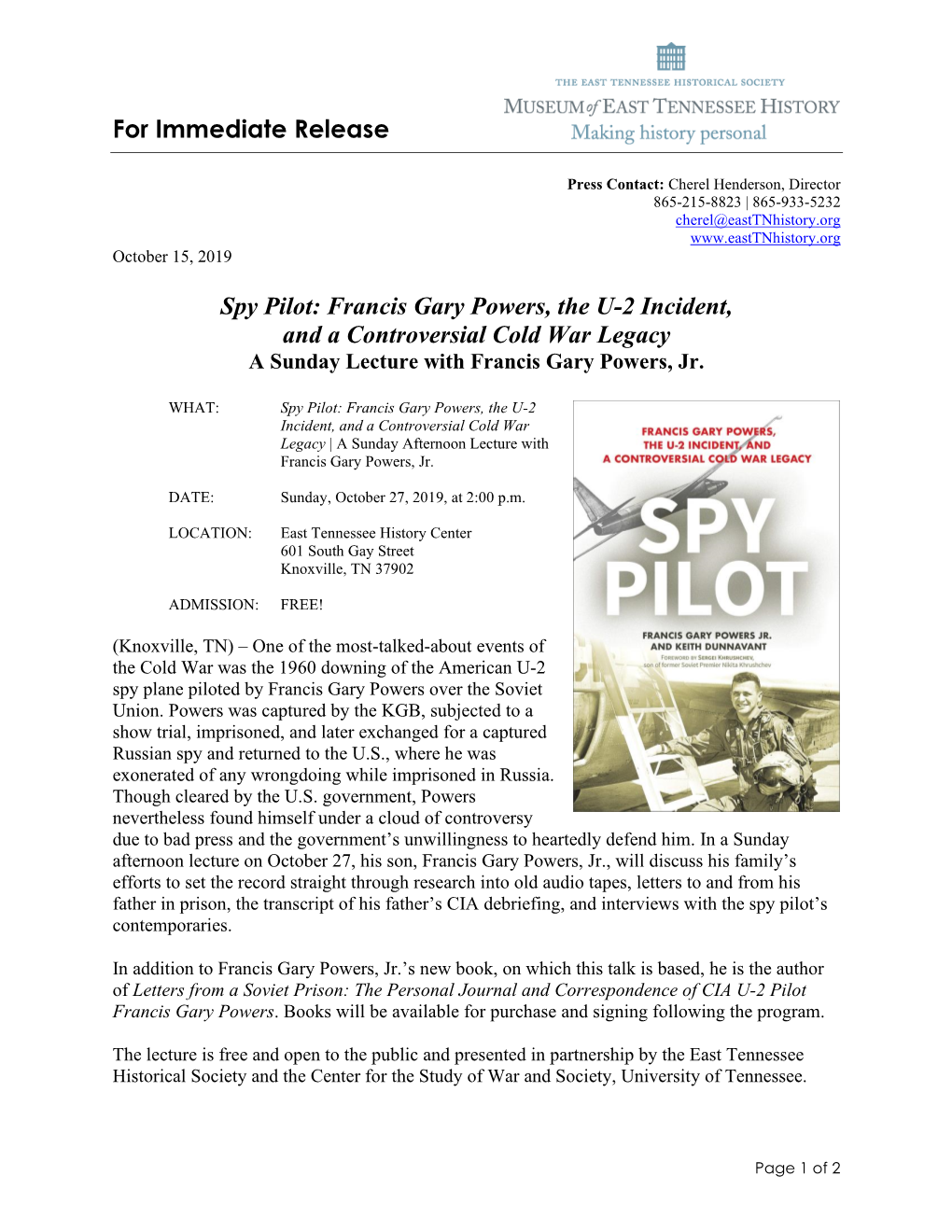 Francis Gary Powers, the U-2 Incident, and a Controversial Cold War Legacy a Sunday Lecture with Francis Gary Powers, Jr