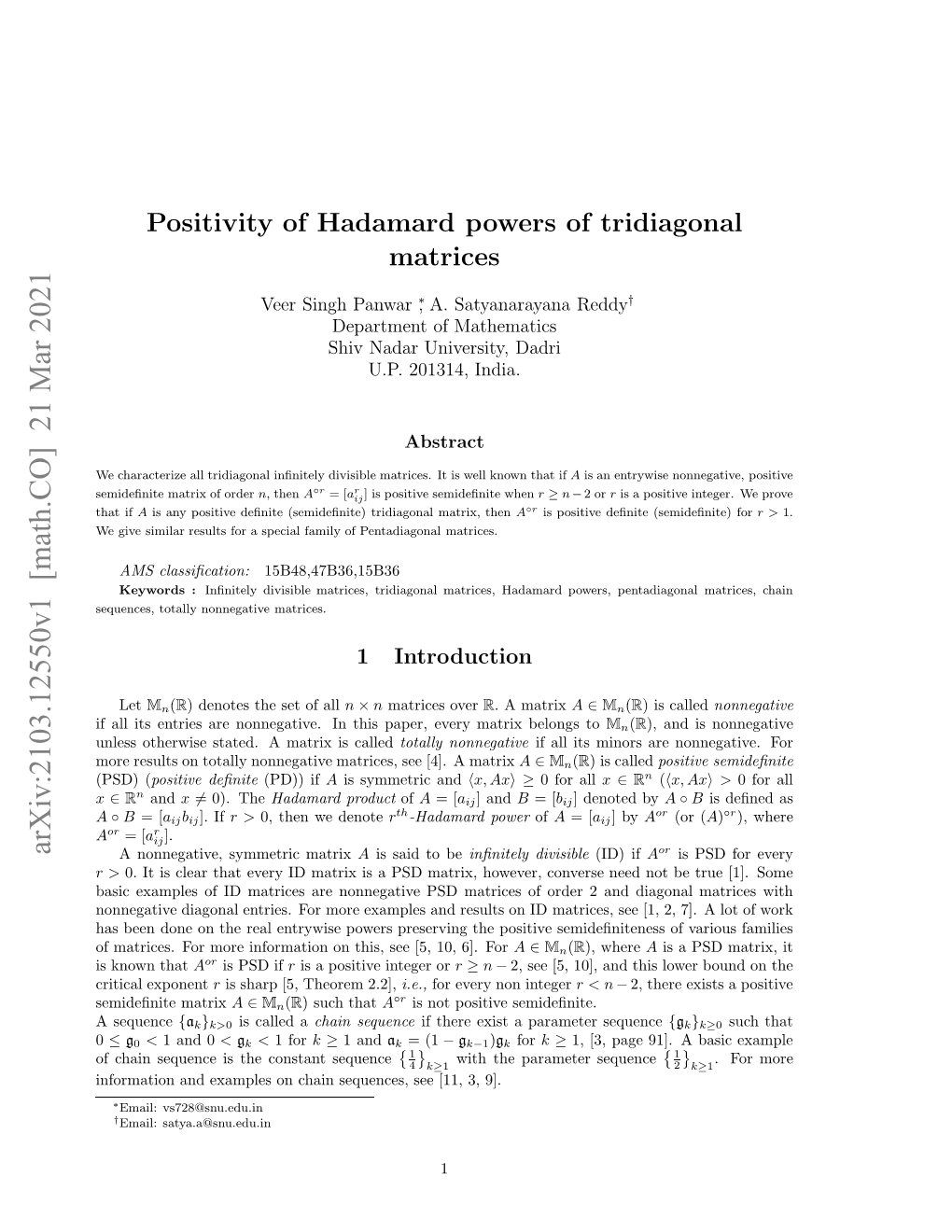 Positivity of Hadamard Powers of Tridiagonal Matrices