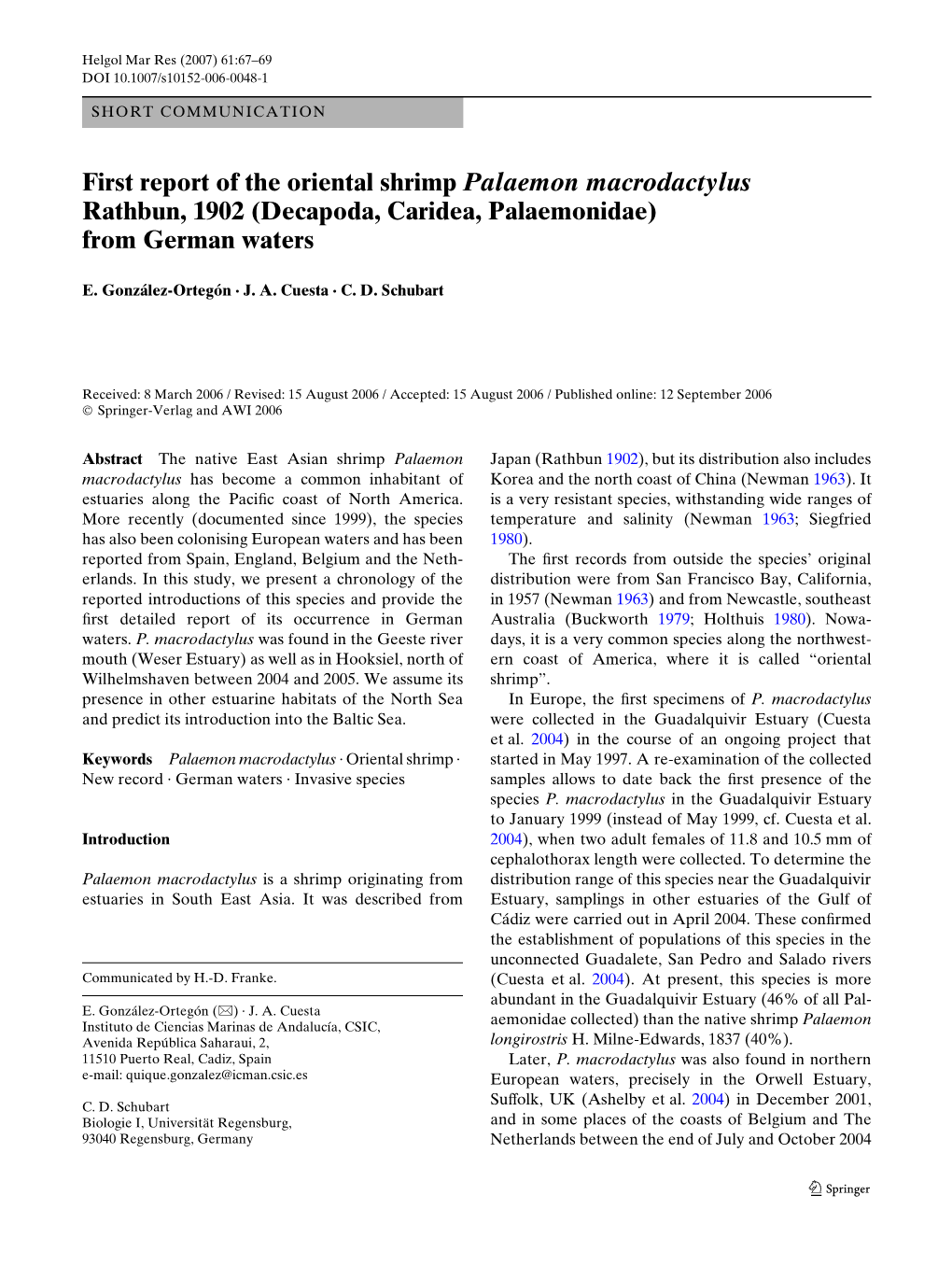 First Report of the Oriental Shrimp Palaemon Macrodactylus Rathbun, 1902 (Decapoda, Caridea, Palaemonidae) from German Waters