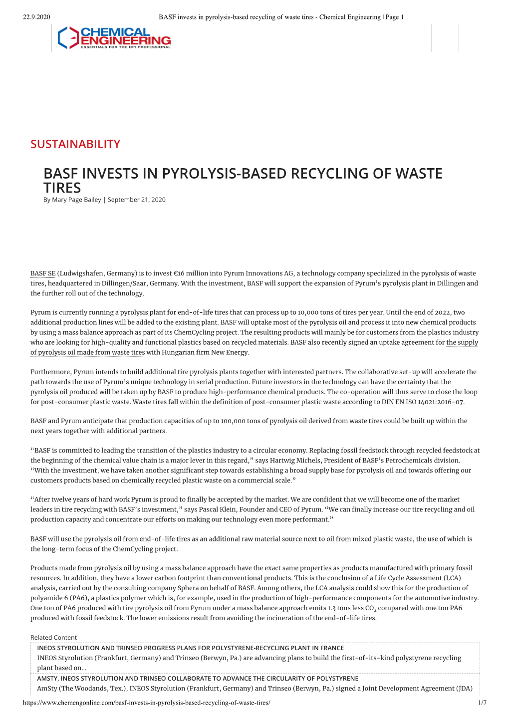 BASF Invests in Pyrolysis-Based Recycling of Waste Tires - Chemical Engineering | Page 1