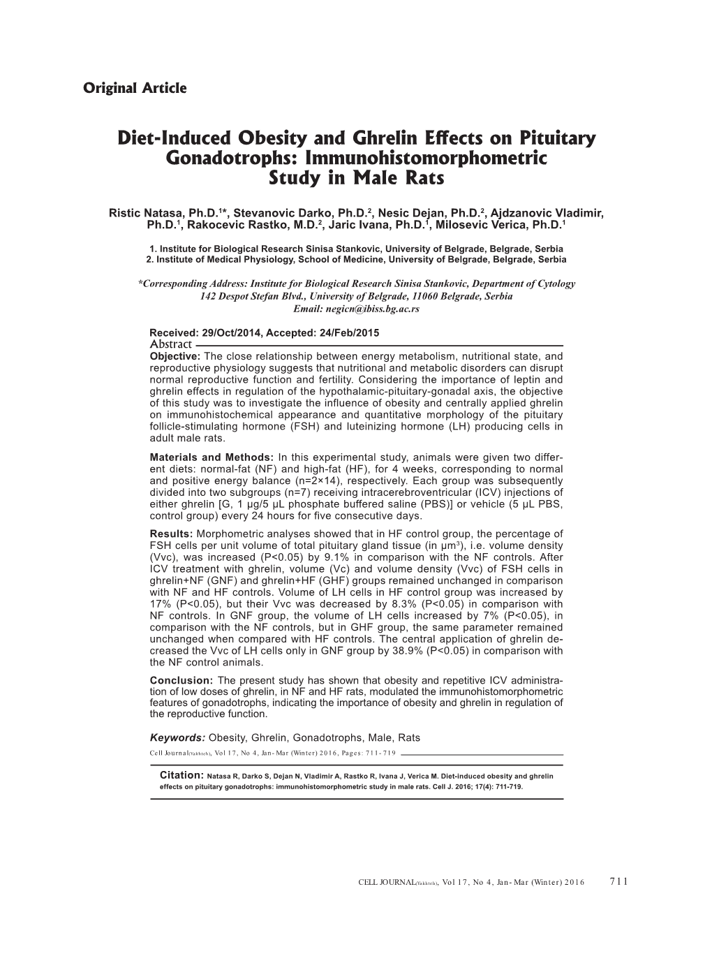 Diet-Induced Obesity and Ghrelin Effects on Pituitary Gonadotrophs: Immunohistomorphometric Study in Male Rats