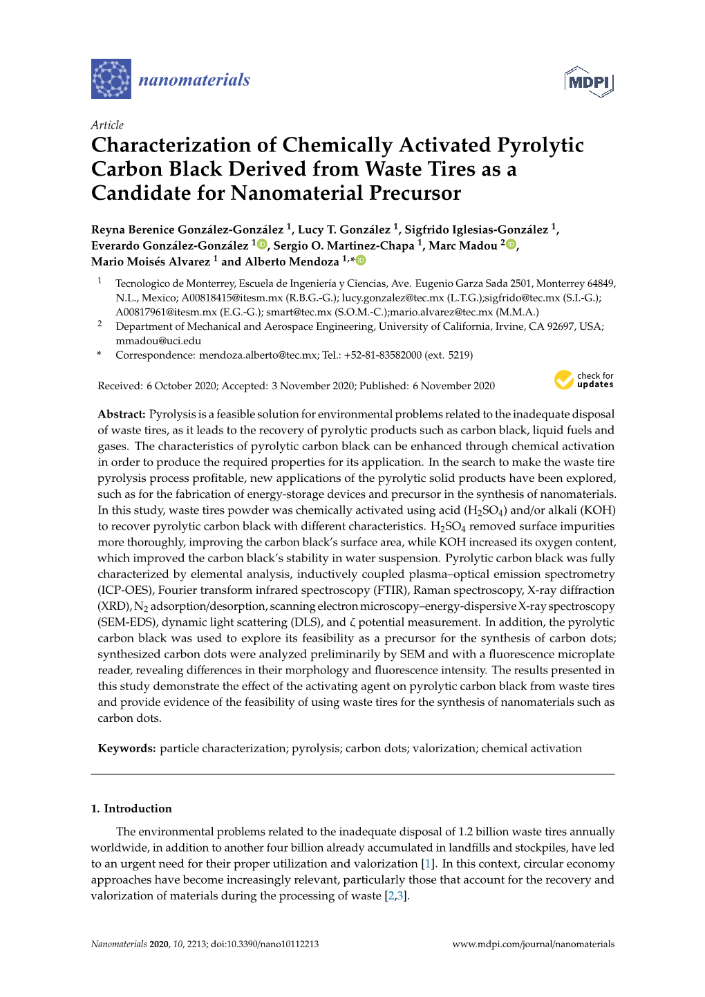 Characterization of Chemically Activated Pyrolytic Carbon Black Derived from Waste Tires As a Candidate for Nanomaterial Precursor