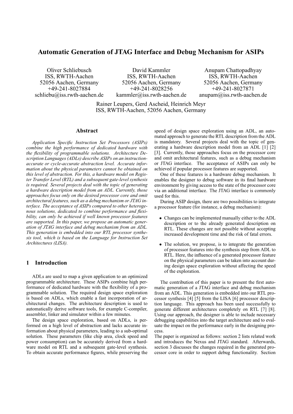 Automatic Generation of JTAG Interface and Debug Mechanism for Asips