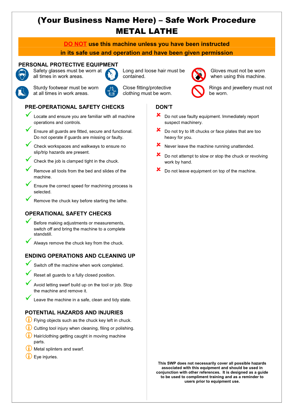 Safety Operating Procedures - Metal Lathe