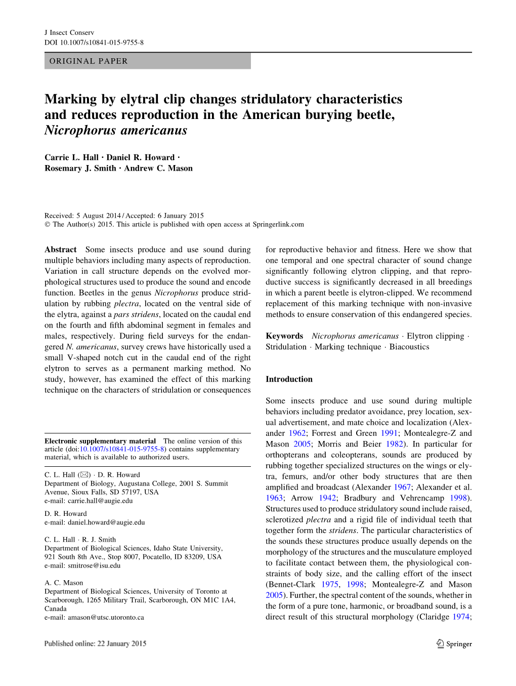 Marking by Elytral Clip Changes Stridulatory Characteristics and Reduces Reproduction in the American Burying Beetle, Nicrophorus Americanus