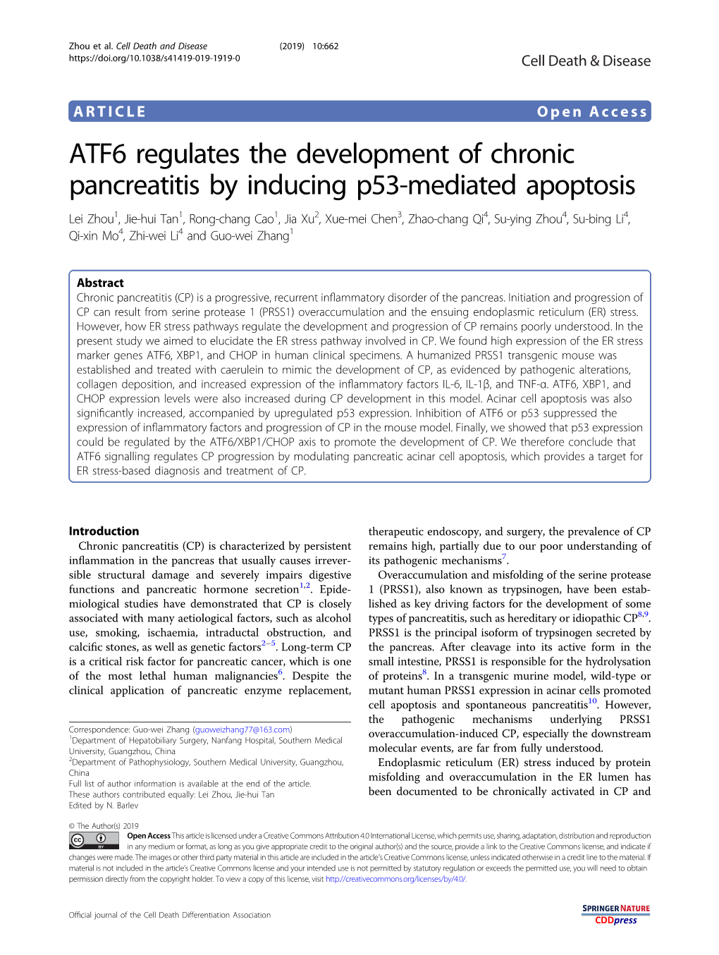 ATF6 Regulates the Development of Chronic Pancreatitis by Inducing P53-Mediated Apoptosis