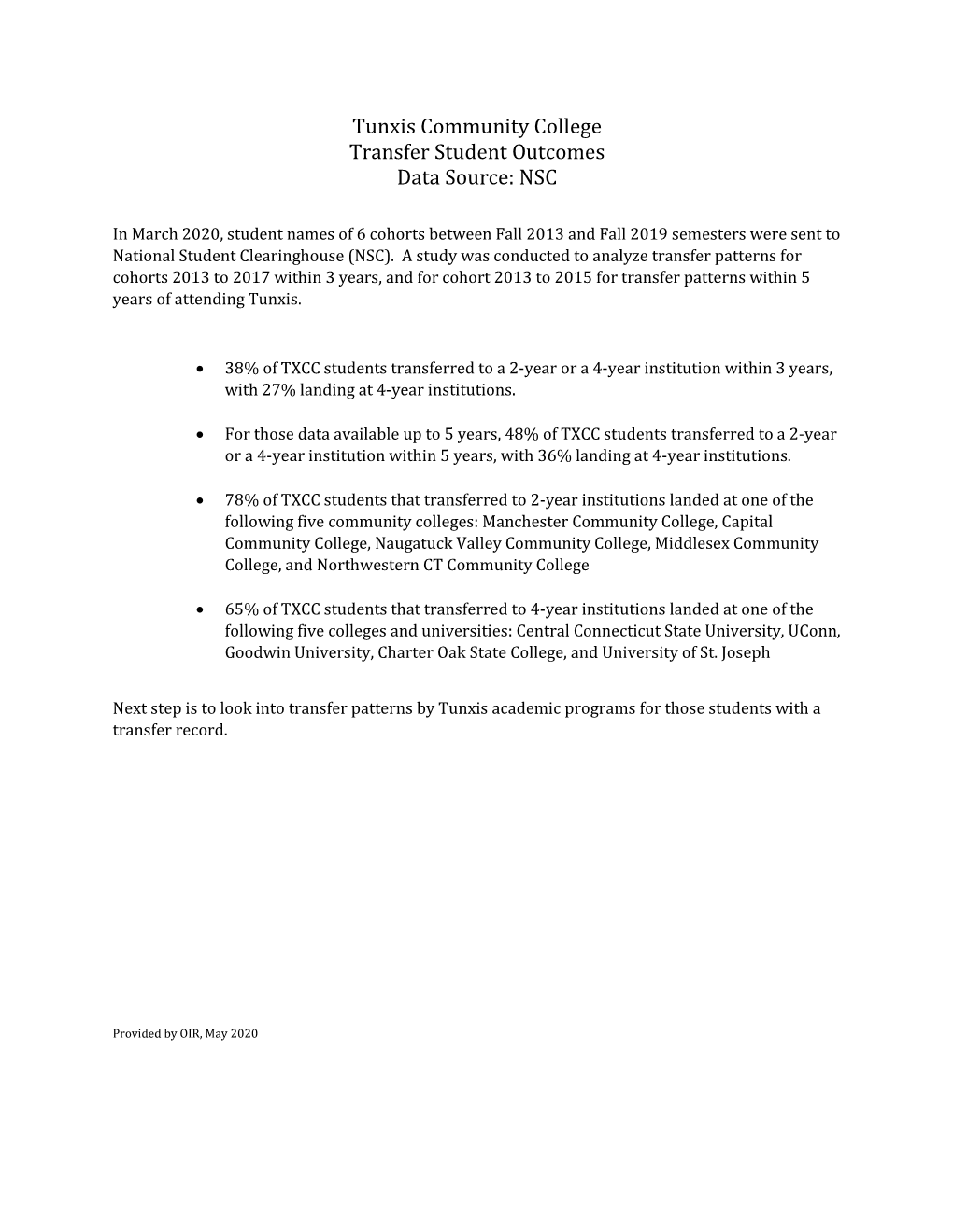 Tunxis Community College Transfer Student Outcomes Data Source: NSC