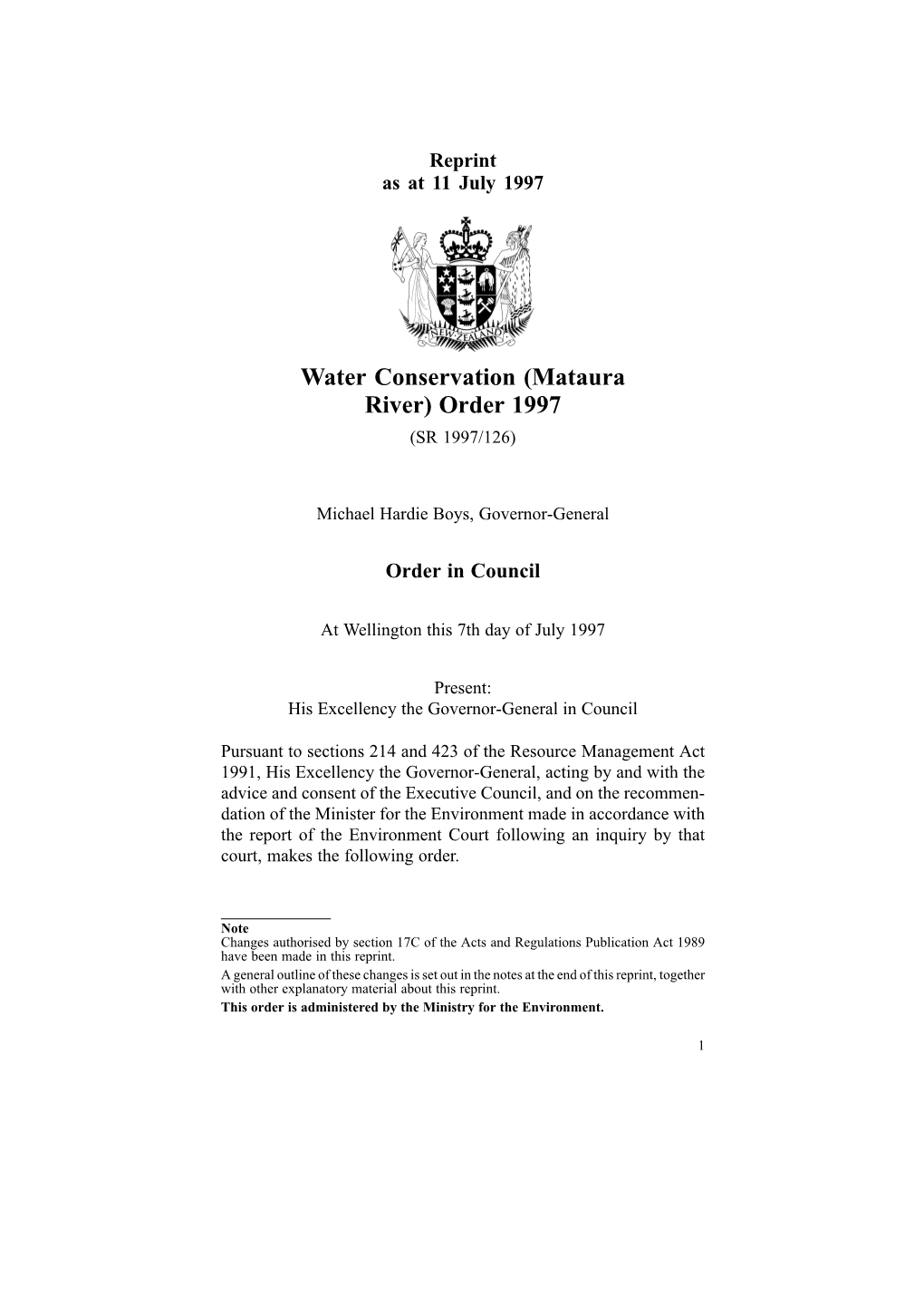 Water Conservation (Mataura River) Order 1997 (SR 1997/126)