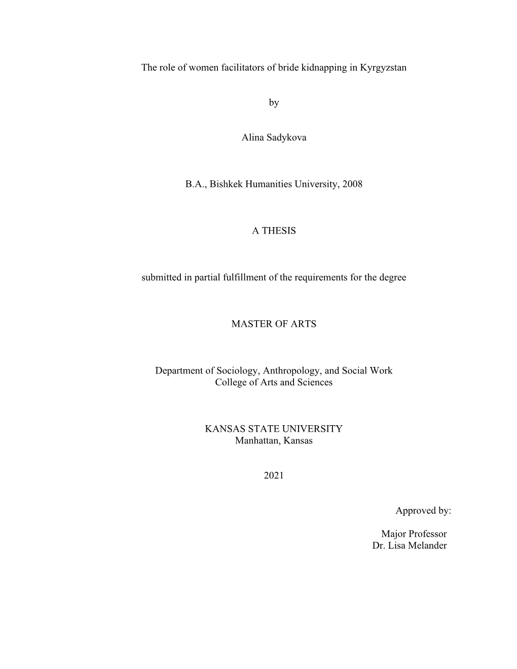 The Role of Women Facilitators of Bride Kidnapping in Kyrgyzstan by Alina