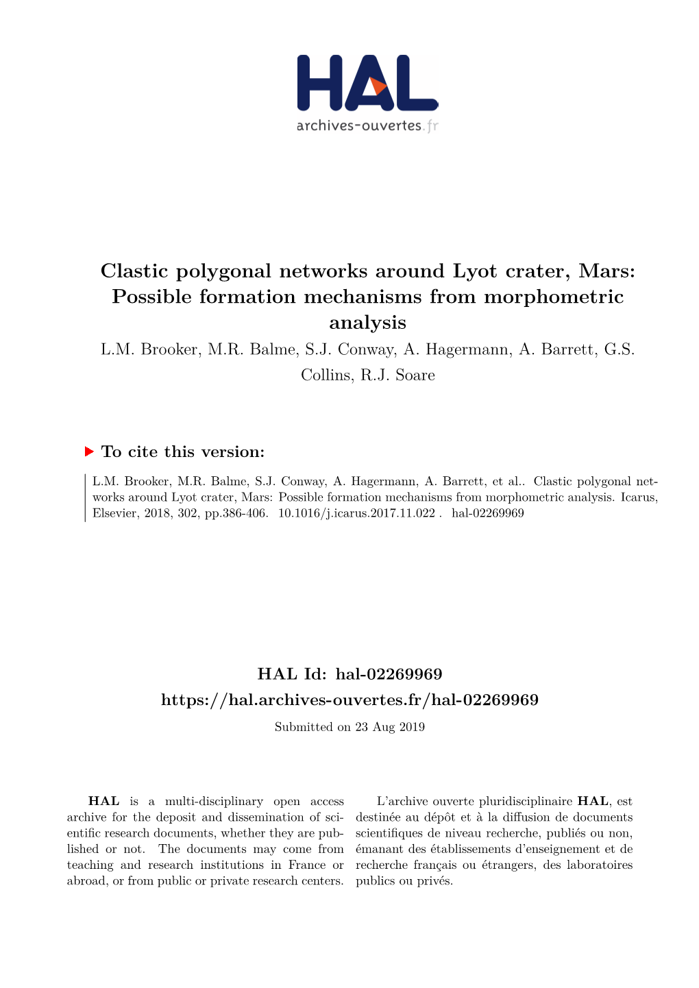 Clastic Polygonal Networks Around Lyot Crater, Mars: Possible Formation Mechanisms from Morphometric Analysis L.M