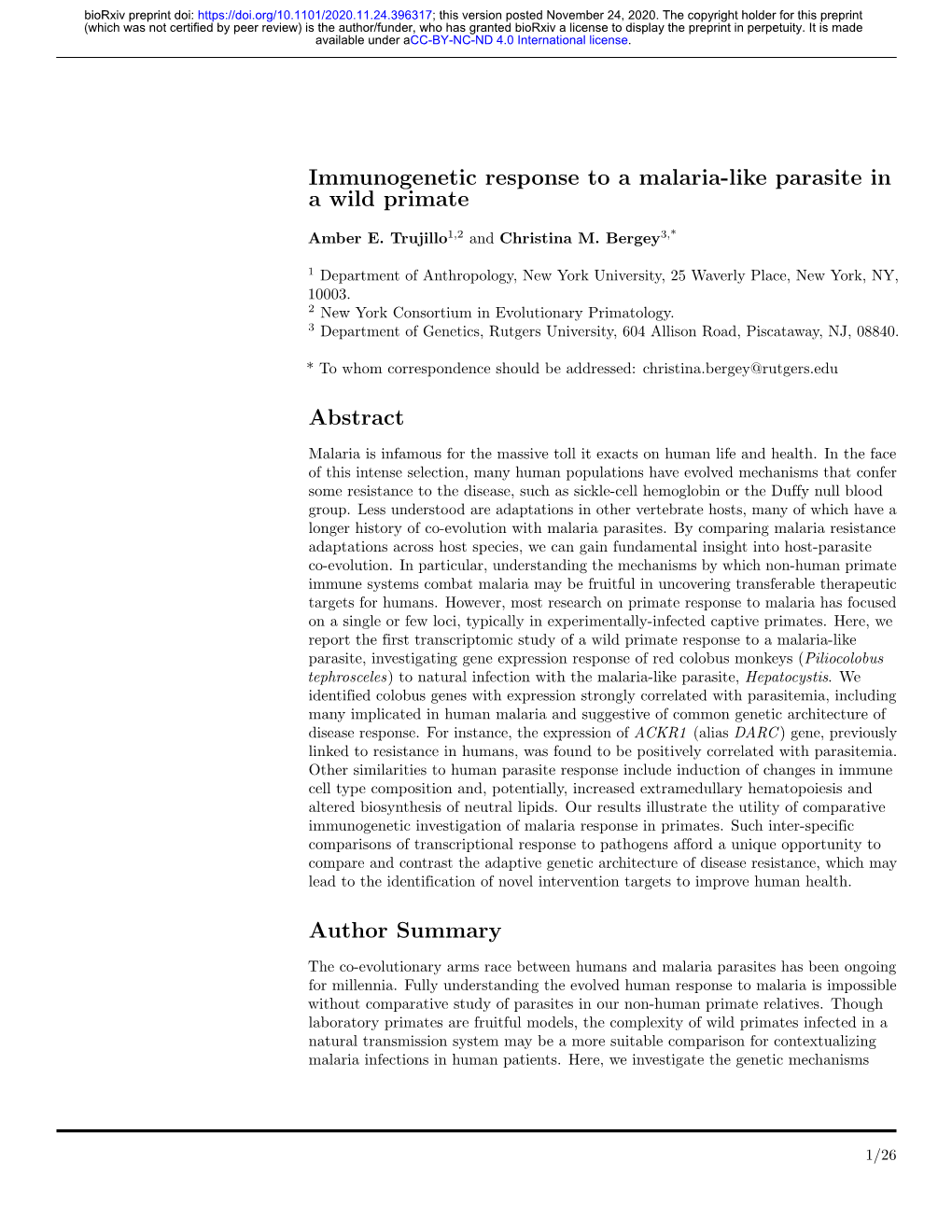 Immunogenetic Response to a Malaria-Like Parasite in a Wild Primate