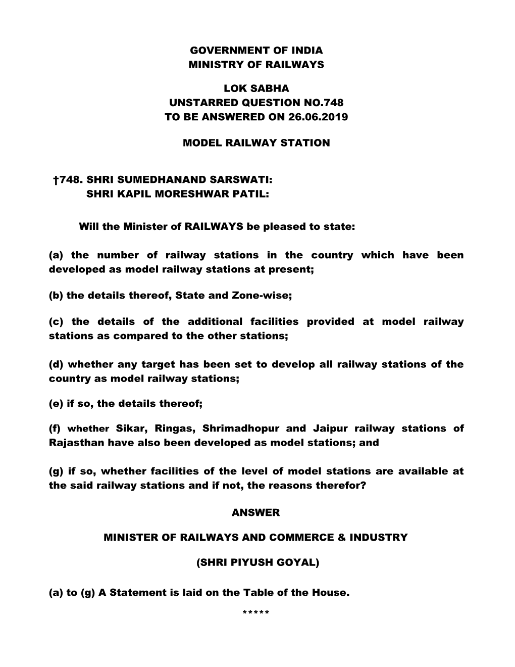 Government of India Ministry of Railways Lok Sabha