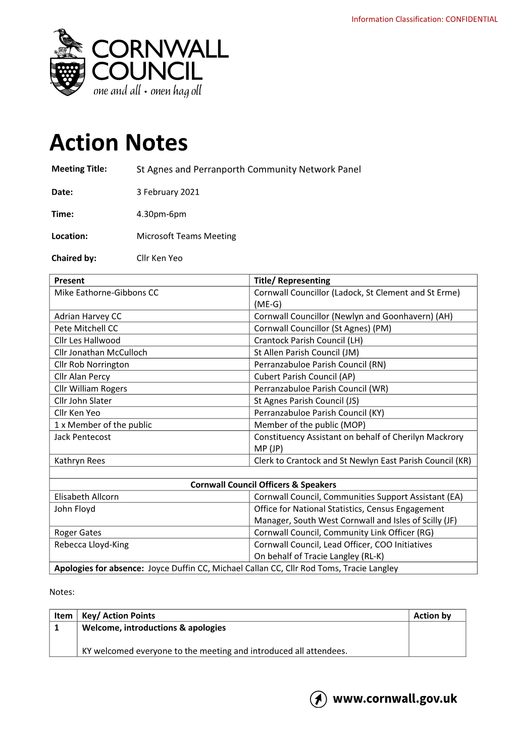 Action Notes Meeting Title: St Agnes and Perranporth Community Network Panel