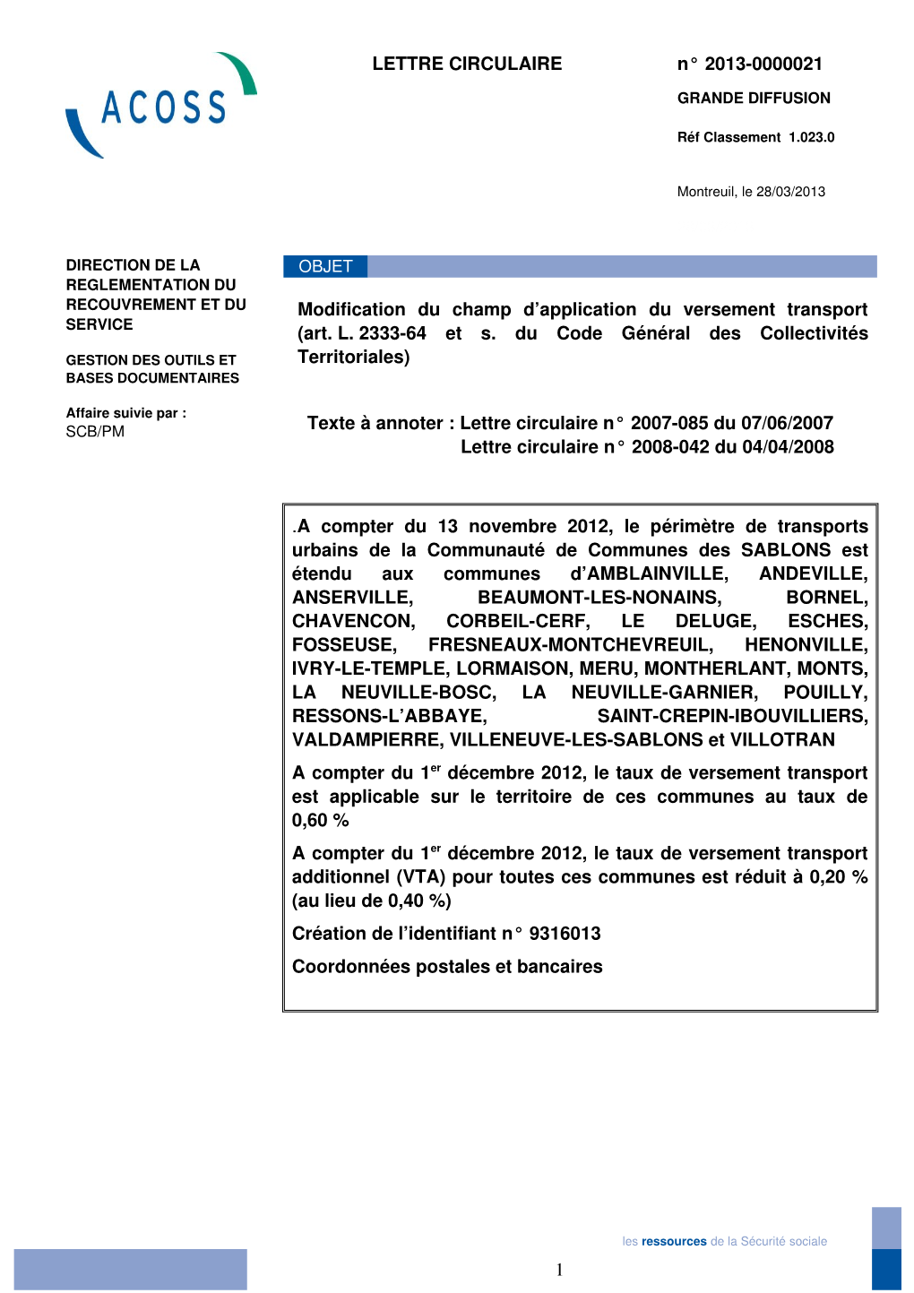 LETTRE CIRCULAIRE N° 20130000021 Modification