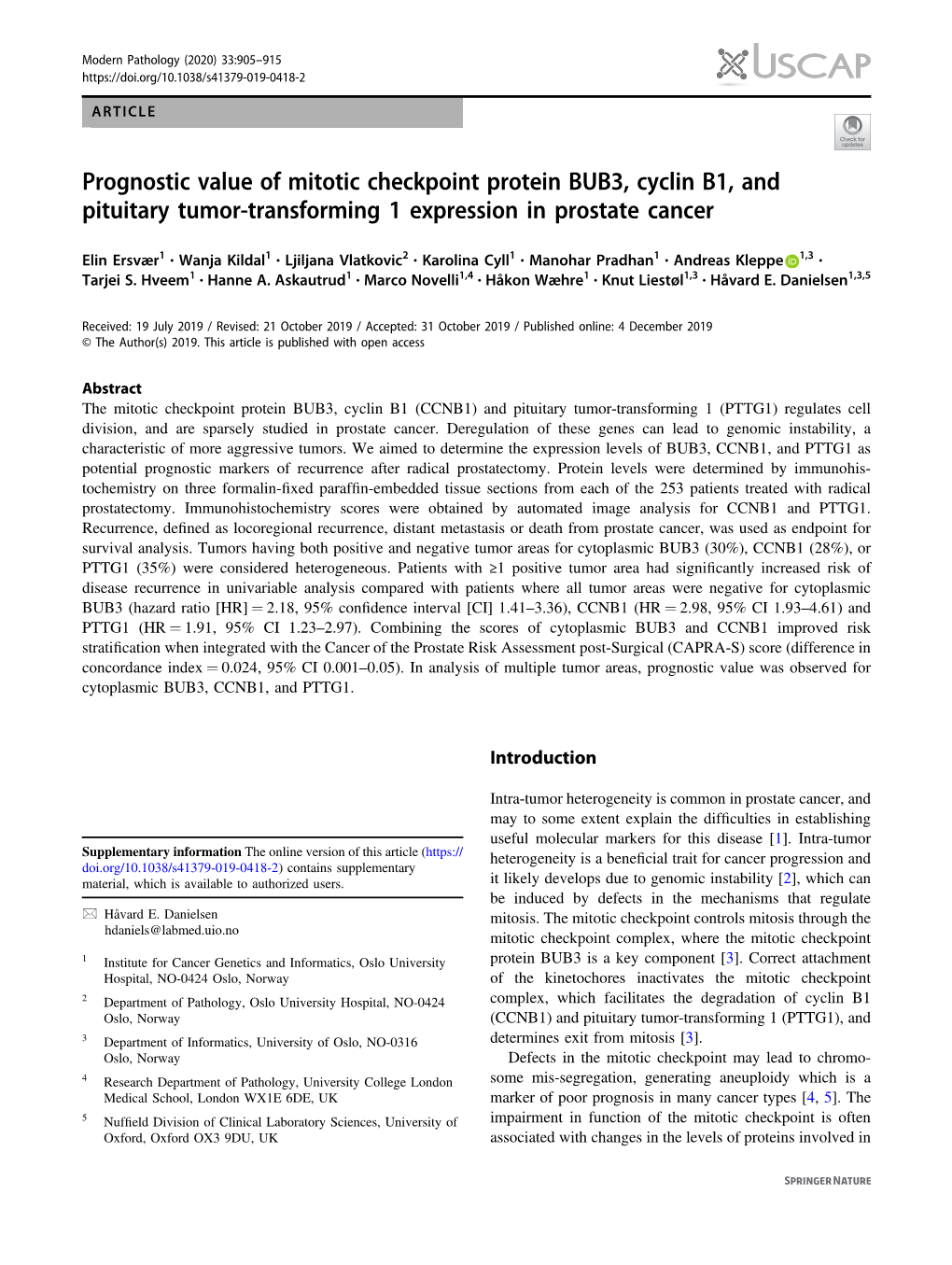 Prognostic Value of Mitotic Checkpoint Protein BUB3, Cyclin B1, and Pituitary Tumor-Transforming 1 Expression in Prostate Cancer