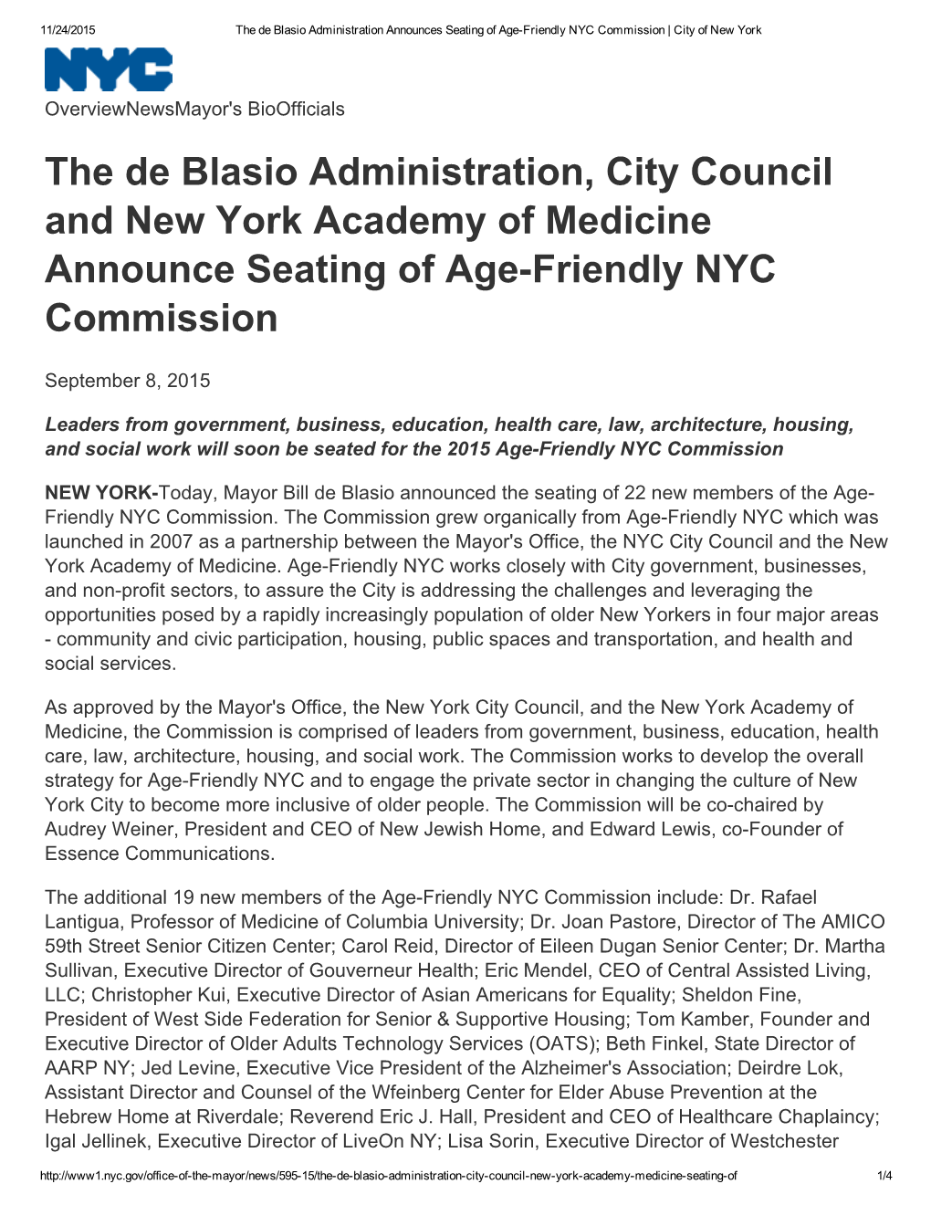 The De Blasio Administration, City Council and New York Academy of Medicine Announce Seating of Age­Friendly NYC Commission