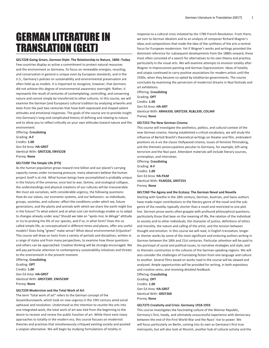 German Literature in Translation (GELT) 1