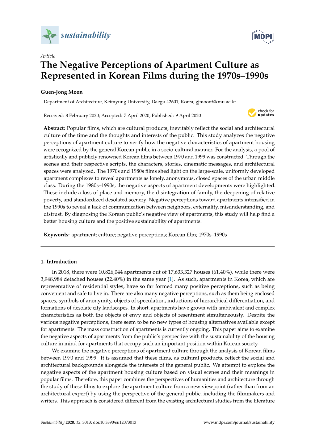 The Negative Perceptions of Apartment Culture As Represented in Korean Films During the 1970S–1990S