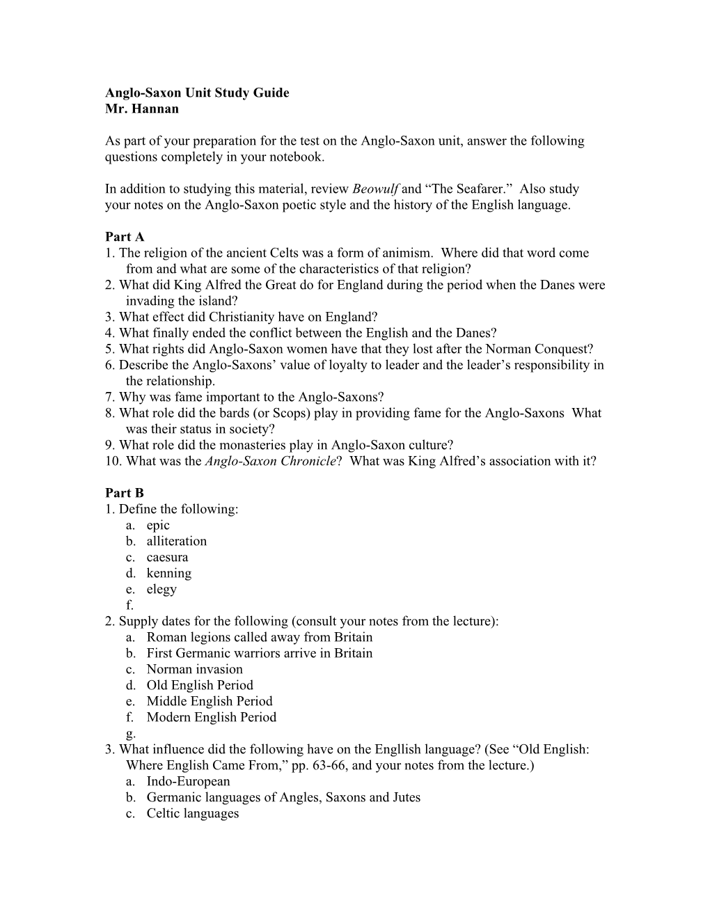 Anglo-Saxon Unit Study Guide