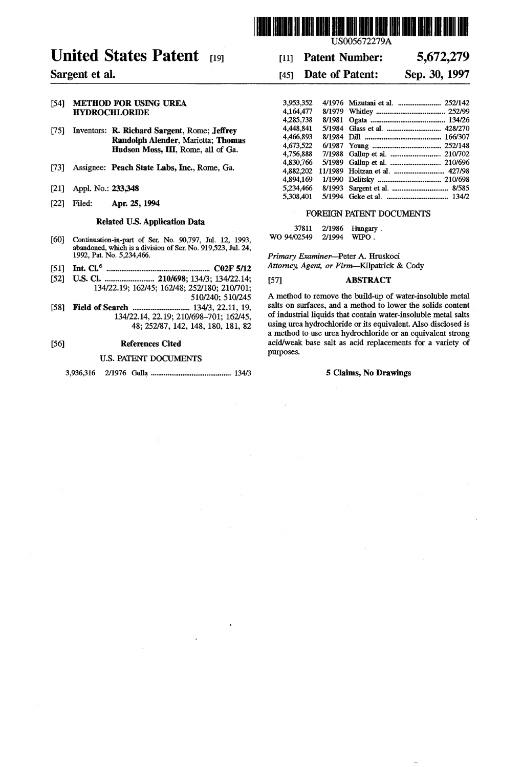 United States Patent 19 11 Patent Number: 5,672,279 Sargent Et Al