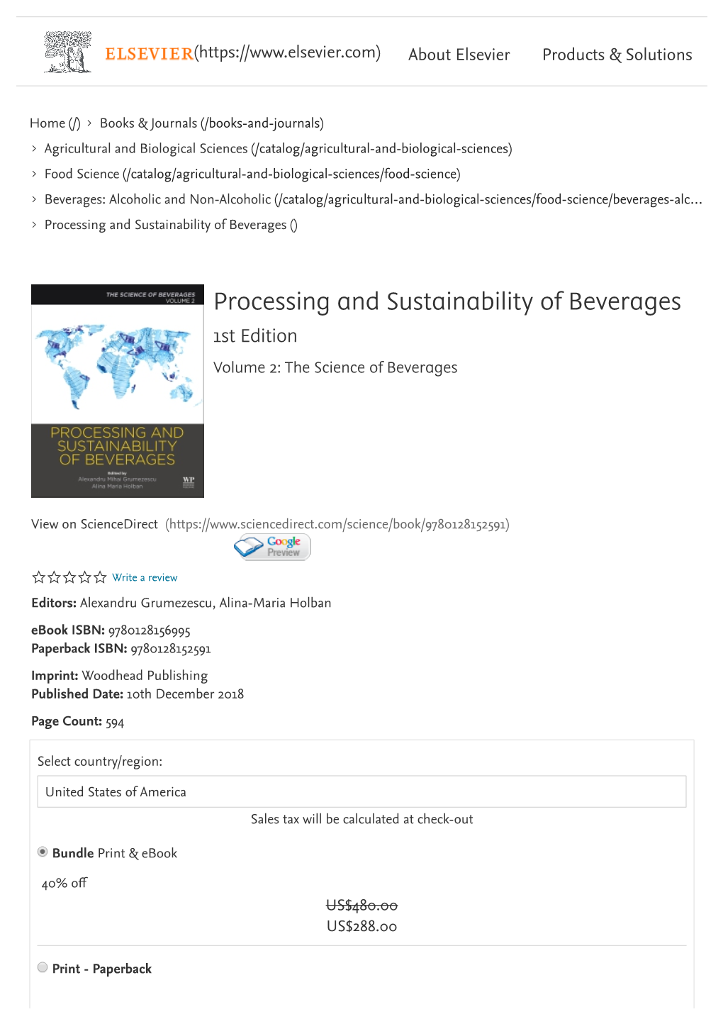 Processing and Sustainability of Beverages - 1St Edition ( About Elsevier Products & Solutions