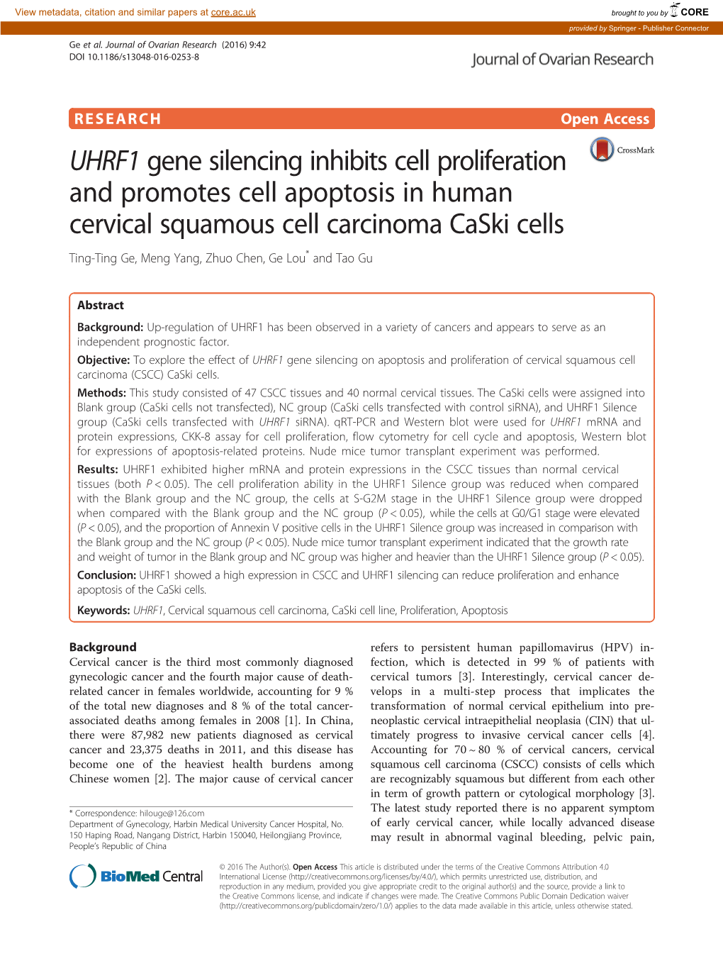 UHRF1 Gene Silencing Inhibits Cell Proliferation and Promotes Cell
