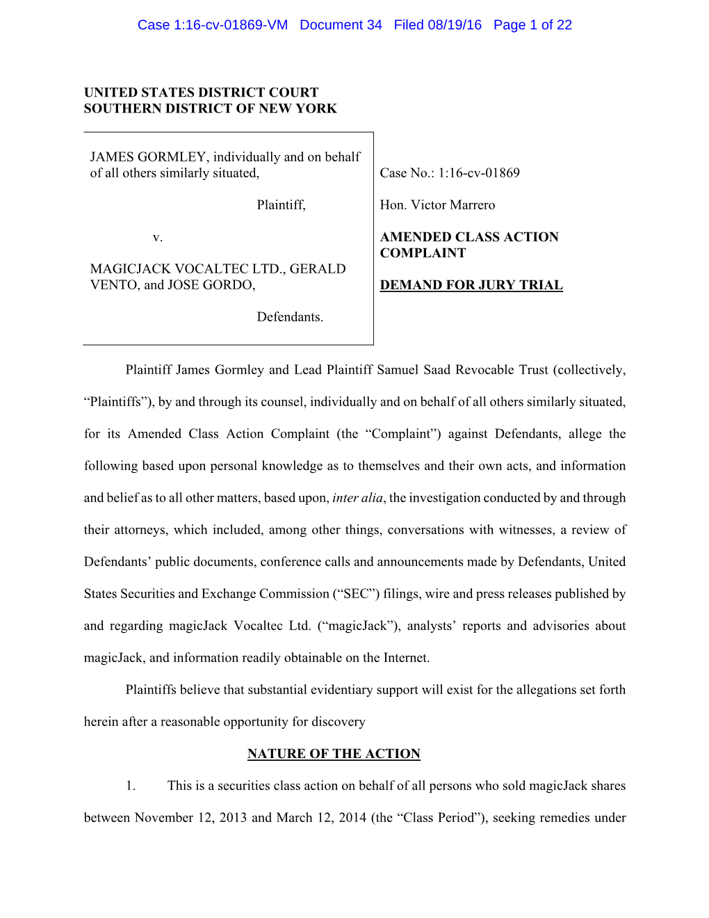 James Gormley, Et Al. V. Magicjack Vocaltec Ltd., Et Al. 16-CV-01869