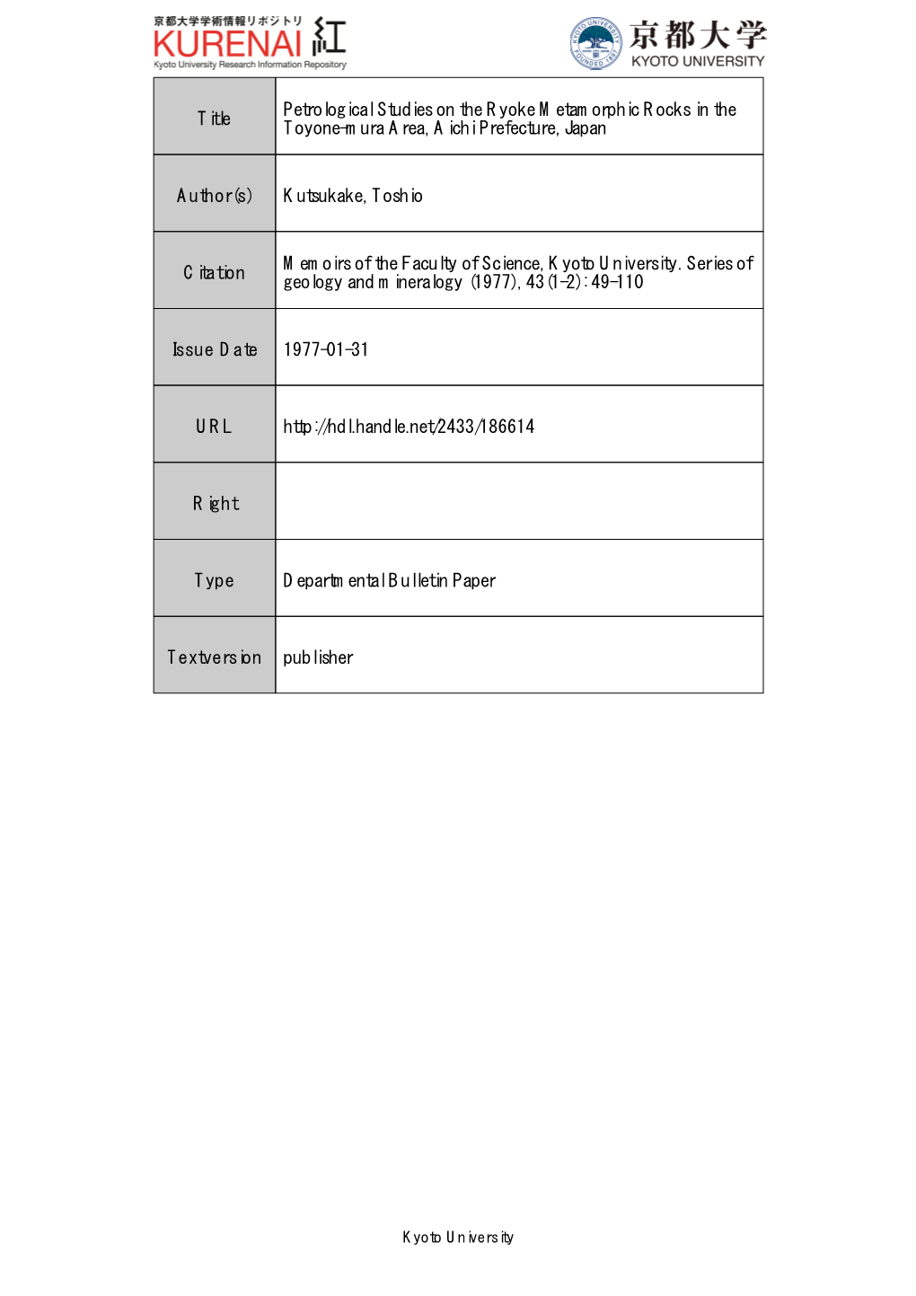 Title Petrological Studies on the Ryoke Metamorphic Rocks