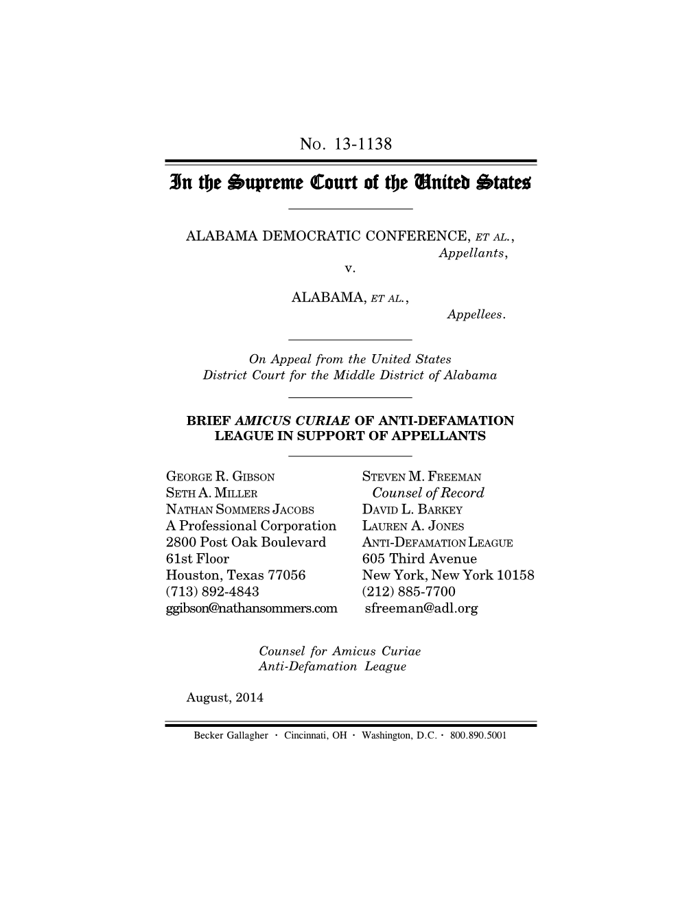 Anti-Defamation League Amicus Brief in Support of Appellants