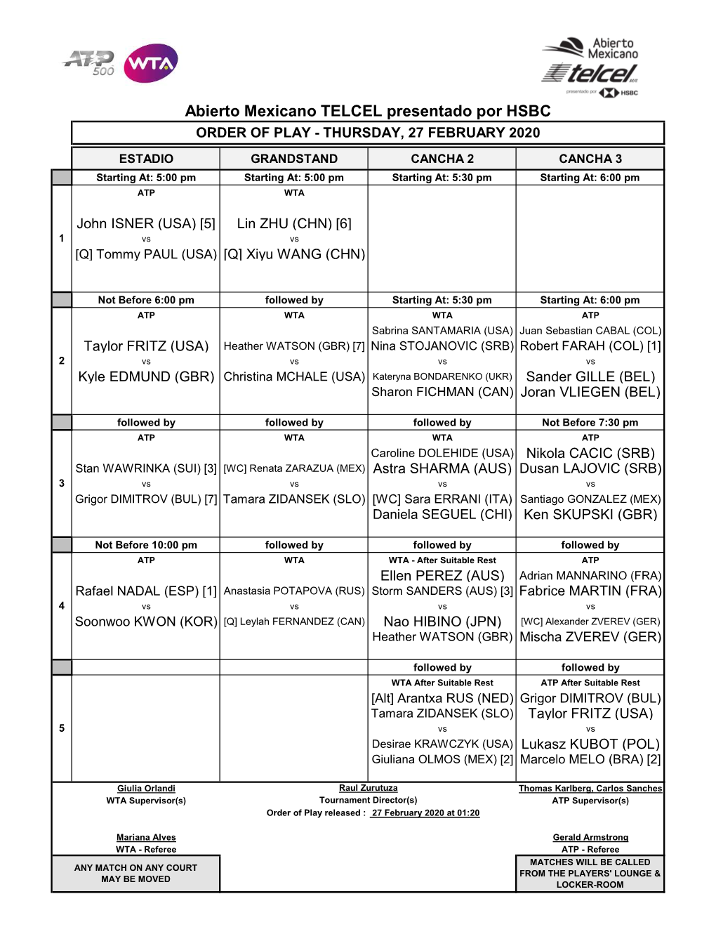 Abierto Mexicano TELCEL Presentado Por HSBC ORDER of PLAY - THURSDAY, 27 FEBRUARY 2020