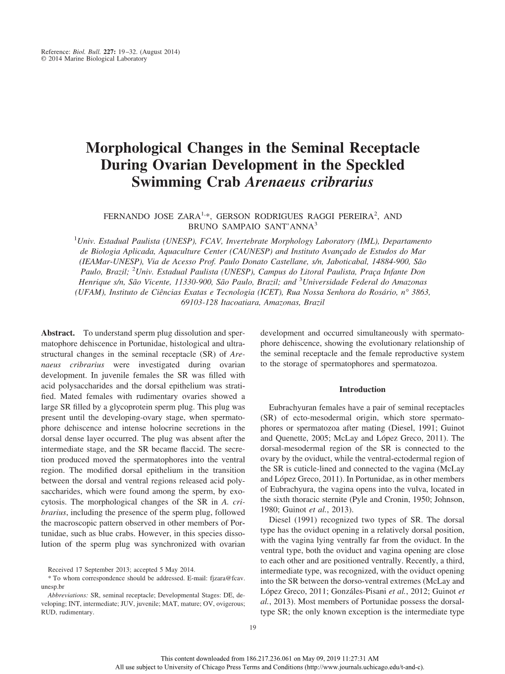 Morphological Changes in the Seminal Receptacle During Ovarian Development in the Speckled Swimming Crab Arenaeus Cribrarius