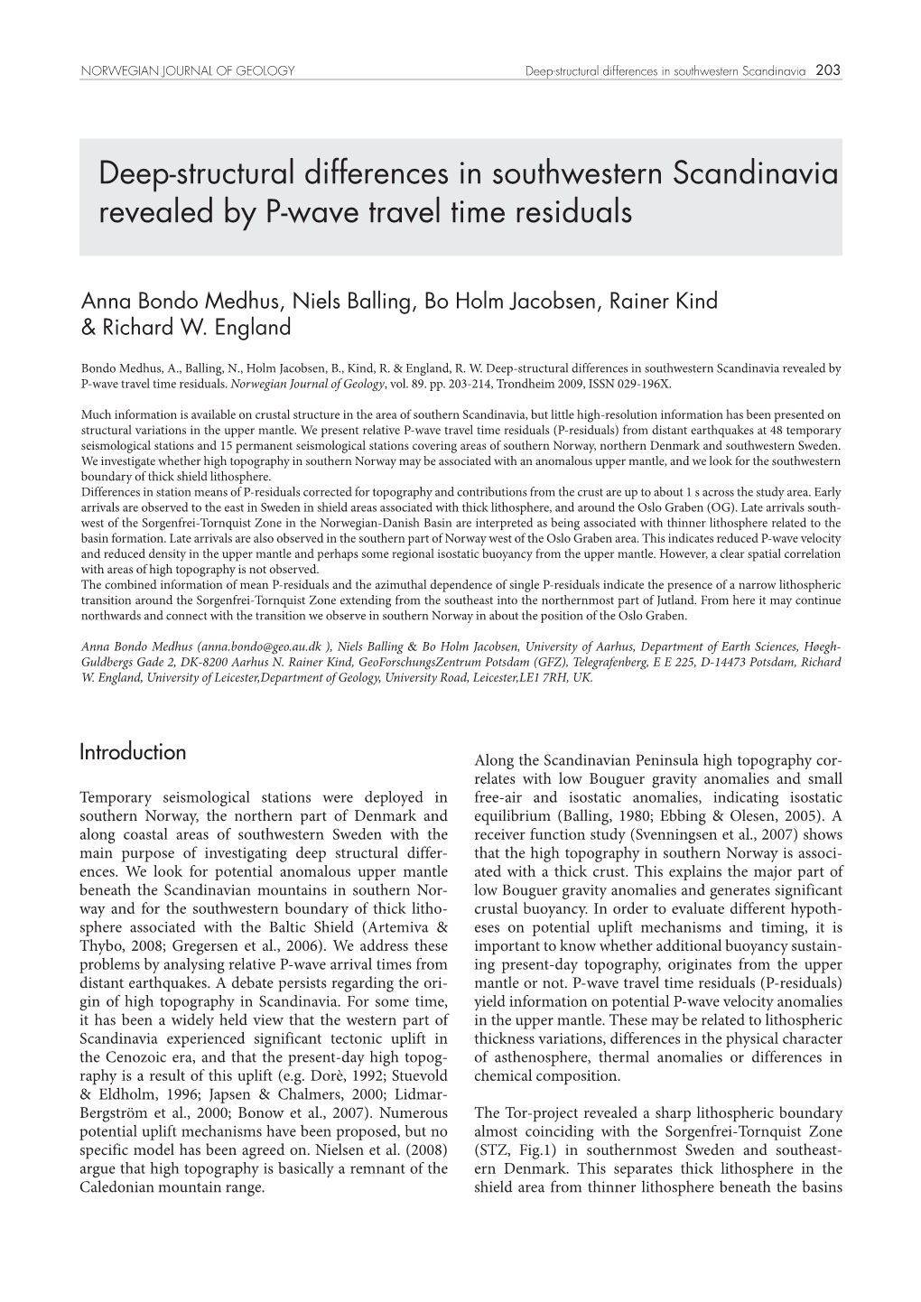 Deep-Structural Differences in Southwestern Scandinavia Revealed by P-Wave Travel Time Residuals